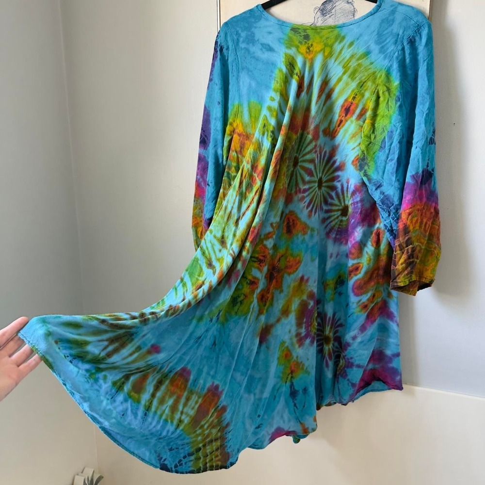 Boho Blue Tie Dye Rayon Sharkbite Handkerchief Hem Tunic Beach Cover Up L/XL